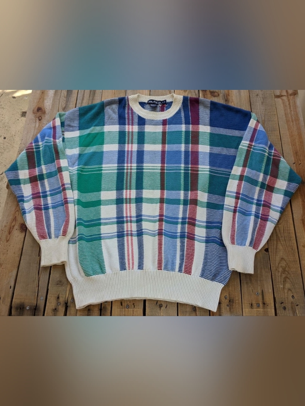 vintage '90s Nautica multicoloured plaid knit sweater  men's Size Large